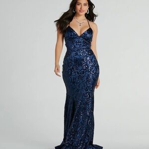 Windsor Saskia Lace-Up Mermaid Sequin Satin Formal Dress